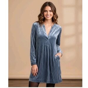Anthropologie Melody Velvet Tunic Dress Blue V Neck Long Sleeve Women XS Holiday